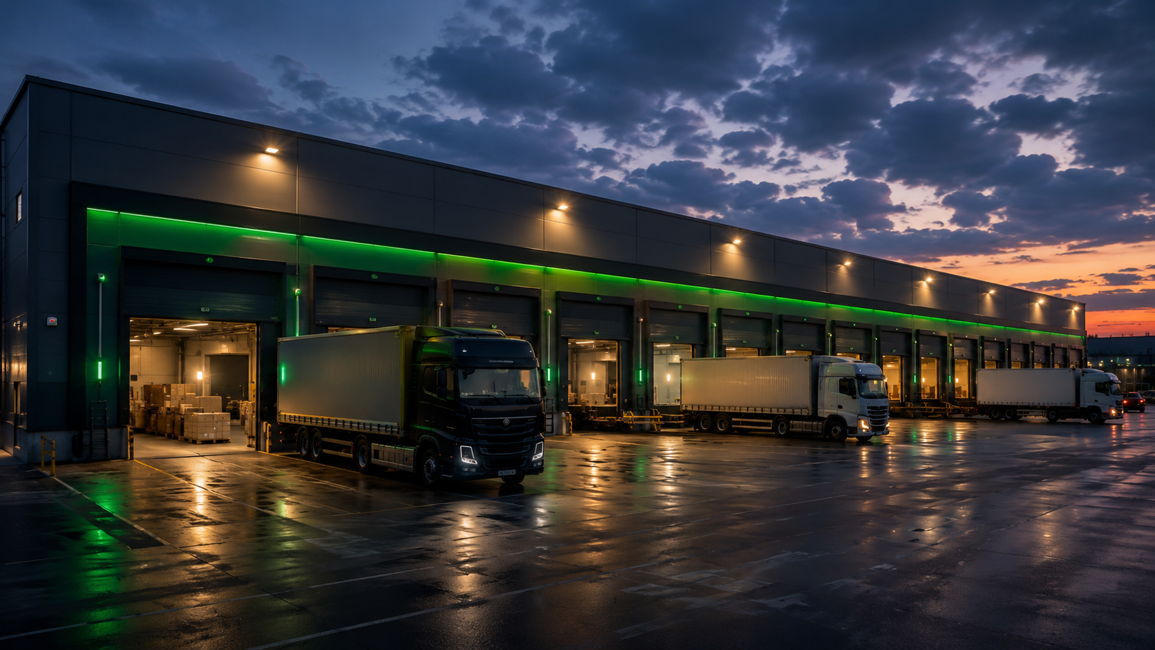 Modern logistics warehouse at dusk with trucks loading at dock doors
